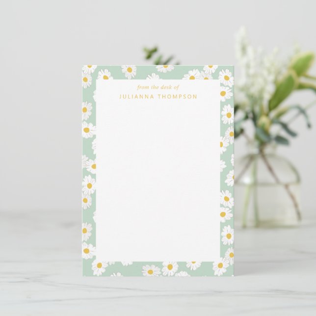 Spring Pastel Sage Daisies Personalized Desk Name Note Card (Standing Front)
