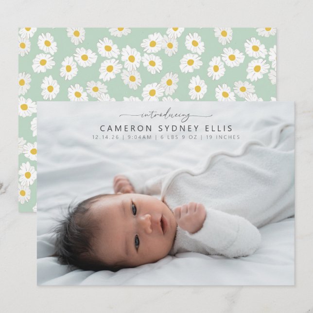 Spring Pastel Sage Green Daisies Baby Photo Birth  Announcement (Front/Back)