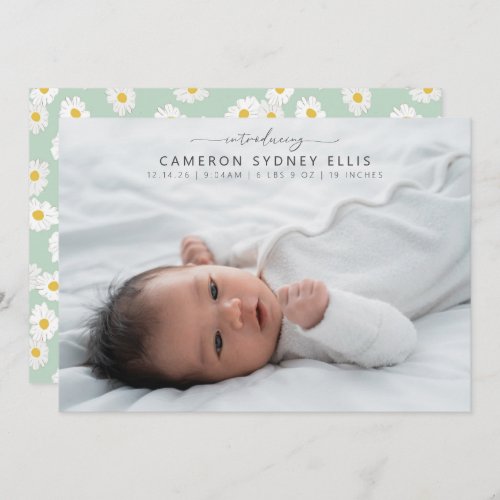 Spring Pastel Sage Green Daisies Baby Photo Birth  Announcement