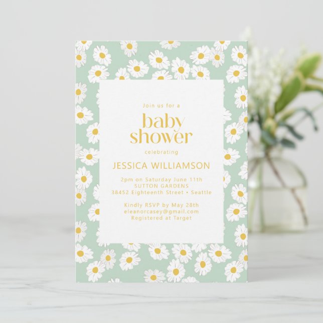 Spring Pastel Sage Green Daisies Baby Shower Invitation (Standing Front)