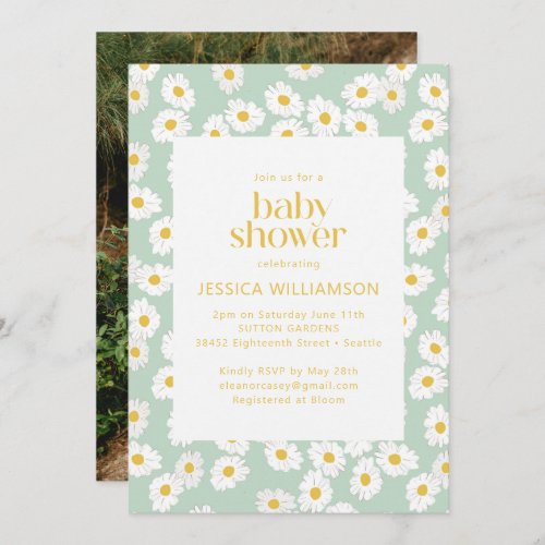 Spring Pastel Sage Green Daisies Baby Shower Photo Invitation