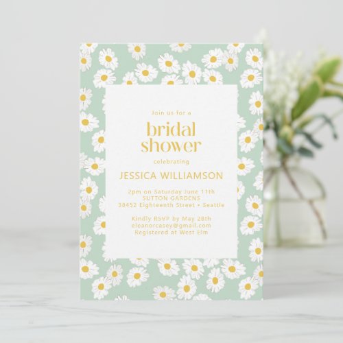 Spring Pastel Sage Green Daisies Bridal Shower Invitation