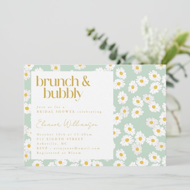 Spring Pastel Sage Green Daisies Brunch Bubbly Invitation (Standing Front)