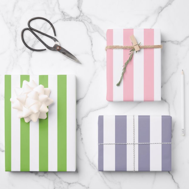 Spring Pastel Striped Patterned Set Wrapping Paper Sheets (Front)