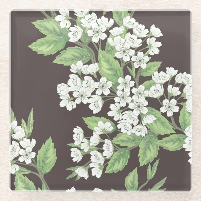 Spring pattern, green branches seamless. glass coaster (Front)