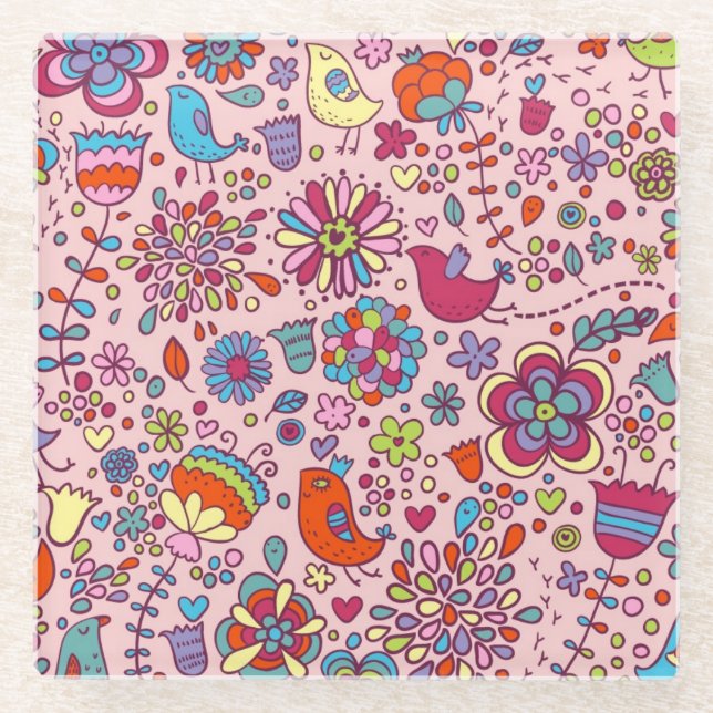 Spring pattern with colorful flowers glass coaster (Front)