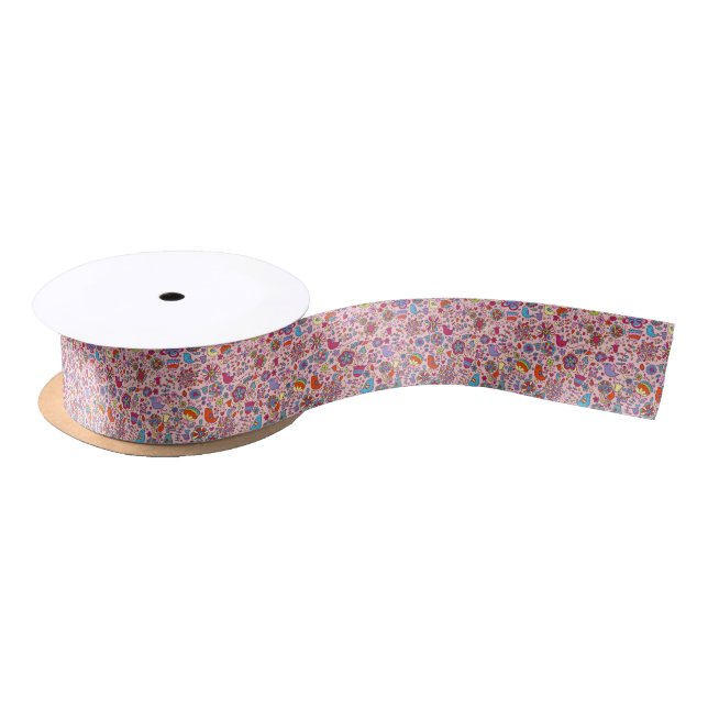 Spring pattern with colorful flowers satin ribbon (Spool)