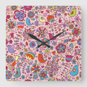 Spring pattern with colorful flowers square wall clock