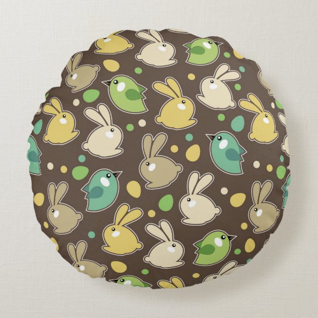 spring pattern with easter eggs,birds round pillow (Front)