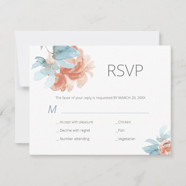 Spring peach and blue modern floral wedding RSVP card (Front)