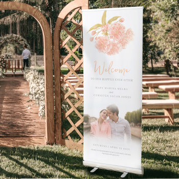 Spring Peach Blossom Photo Wedding Welcome Poster Retractable Banner by mylittleedenweddings at Zazzle