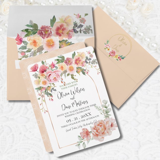Spring Peach Floral Golden Arch Wedding Invitation (Creator Uploaded)