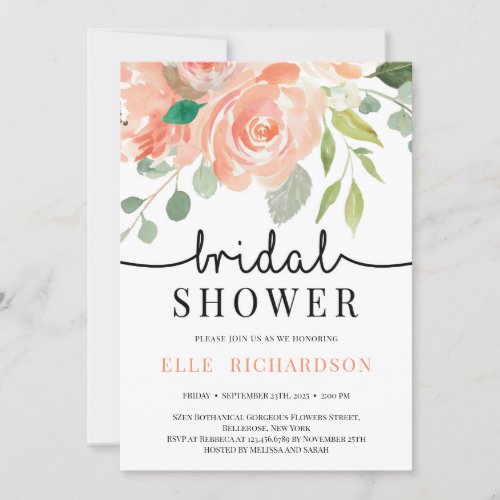 Spring peach floral handwritten bridal shower invitation