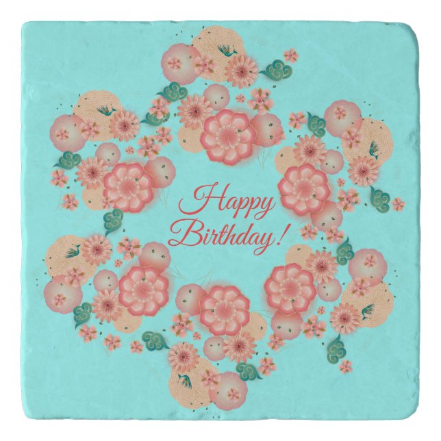 Spring Peach Flowers Garden Floral Decoration Boho Trivet (Front)