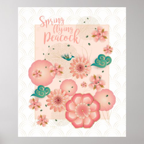 Spring Peach Garden Flying Peacock Floral Ornament Poster