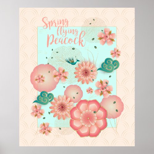 Spring Peach Garden Flying Peacock Floral Ornament Poster