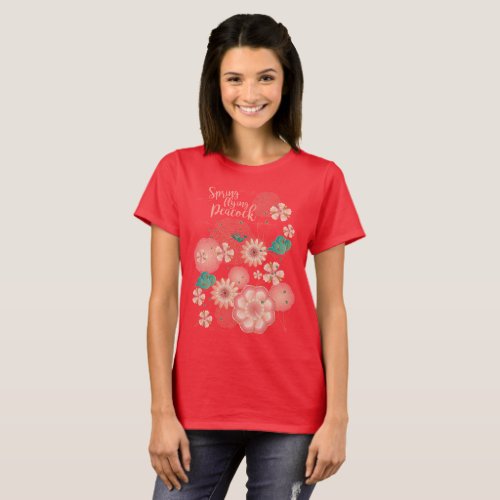 Spring Peach Garden Flying Peacock Floral Ornament T_Shirt