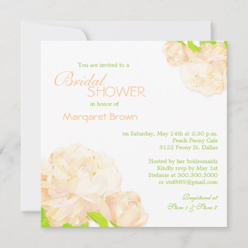 Spring Peach Peony Bridal Shower Invitations