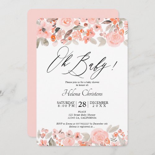 Spring peach pink floral watercolor baby shower invitation