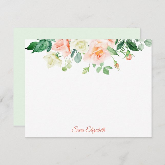 Spring Peach Roses Personalized Flat Note Card (Front/Back)