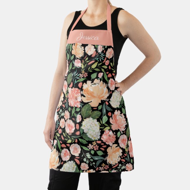 Spring Peach Watercolor Floral on Black Name Apron (Insitu)