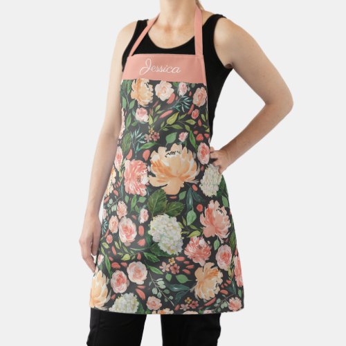 Spring Peach Watercolor Floral on Dark Gray Name Apron