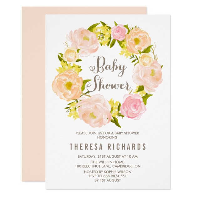 Spring Peonies Wreath Baby Shower Invitation