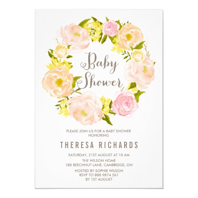 Spring Peonies Wreath Baby Shower Invitation