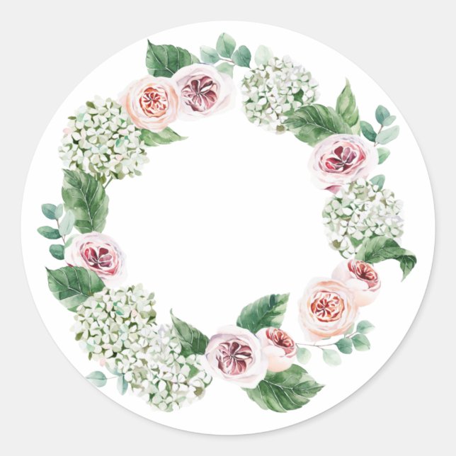 Spring peony and hydrangea wreath classic round sticker (Front)