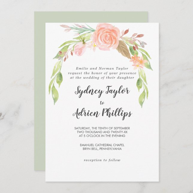 Spring Peony Formal Wedding Invitation (Front/Back)