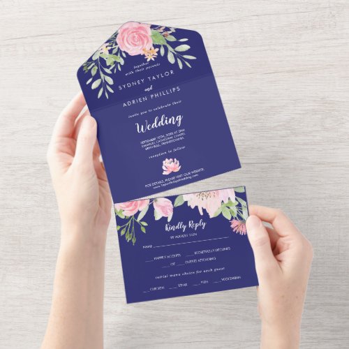 Spring Peony Navy Wedding All In One Invitation