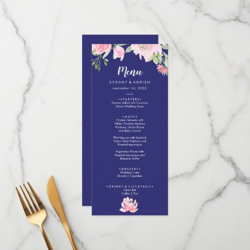 Spring Peony Navy Wedding Dinner Menu