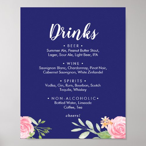 Spring Peony Navy Wedding Drinks Menu Sign