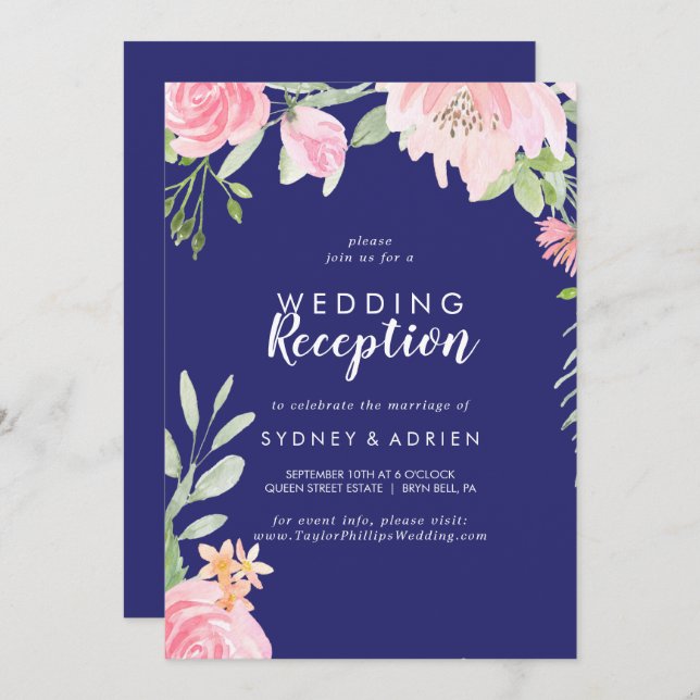 Spring Peony Navy Wedding Reception Only Invitation (Front/Back)