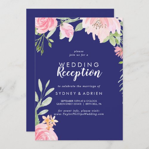 Spring Peony Navy Wedding Reception Only Invitation