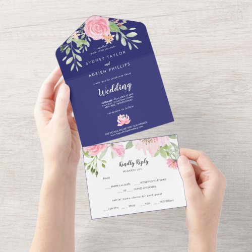 Spring Peony Navy White Wedding All In One All In One Invitation