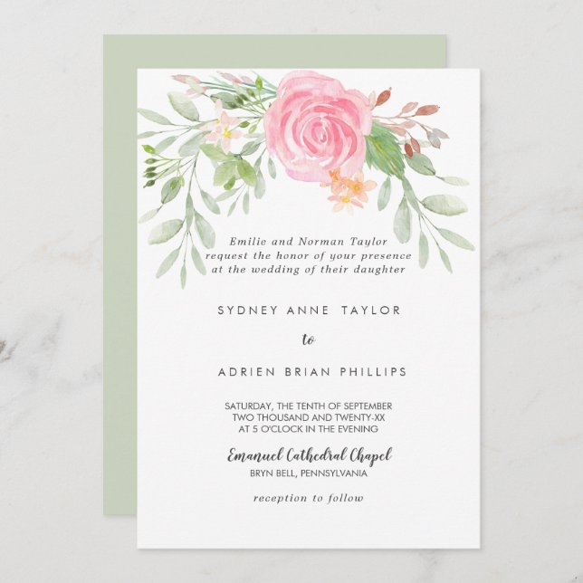 Spring Peony Traditional Wedding Invitation (Front/Back)