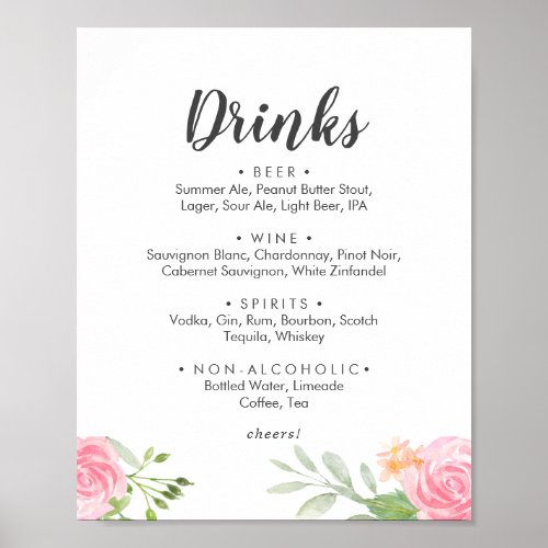 Spring Peony Wedding Drinks Menu Sign