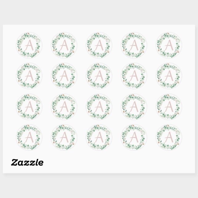 Spring peony wreath with letter customisable classic round sticker (Sheet)