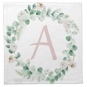 Spring peony wreath with letter customisable cloth napkin
