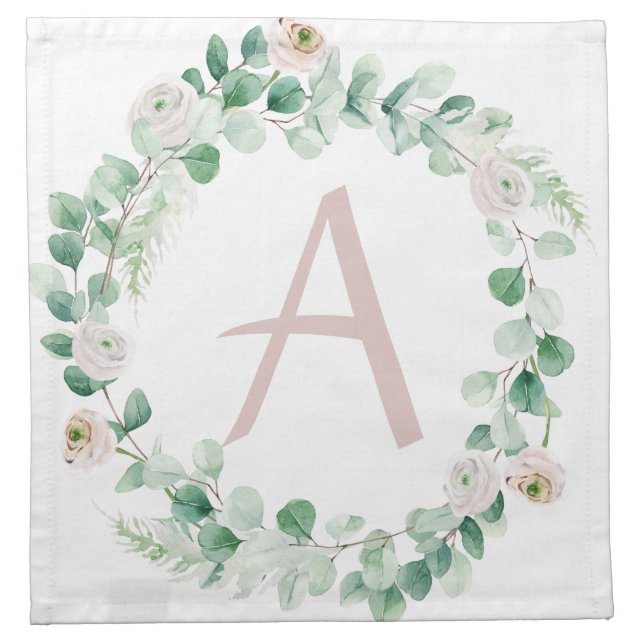 Spring peony wreath with letter customisable cloth napkin (Front)