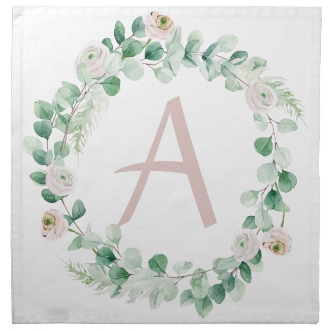 Spring peony wreath with letter customisable cloth napkin (Front)