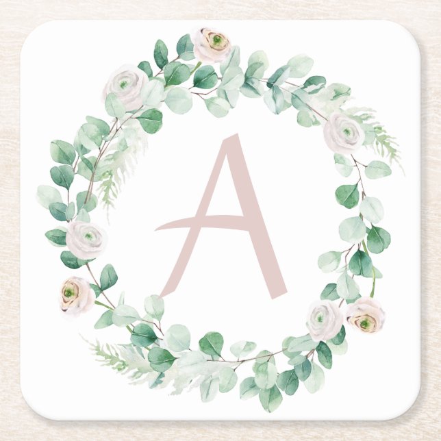 Spring peony wreath with letter customisable square paper coaster (Front)