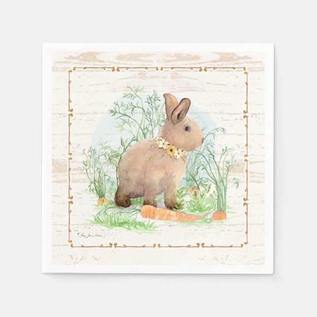 Spring Peter Rabbit Carrot Garden Watercolor Wood Napkins (Front)