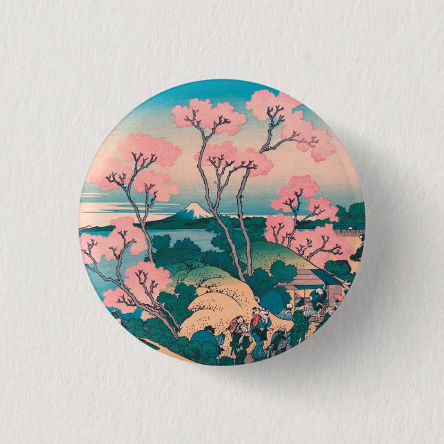 Spring Picnic under Cherry Tree Flowers Mount Fuji Button (Front)