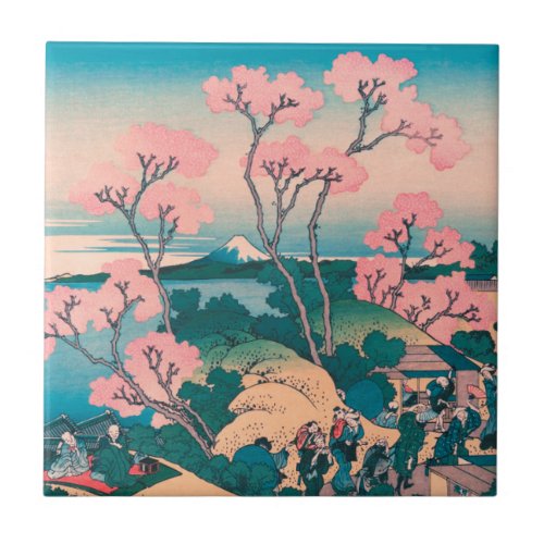Spring Picnic under Cherry Tree Flowers Mount Fuji Ceramic Tile