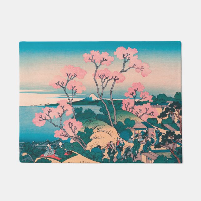 Spring Picnic under Cherry Tree Flowers Mount Fuji Doormat (Front)