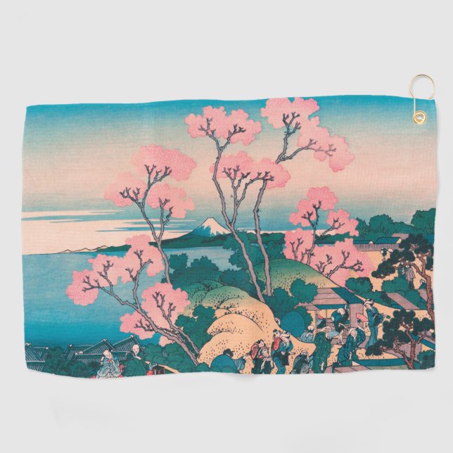 Spring Picnic under Cherry Tree Flowers Mount Fuji Golf Towel (Horizontal)