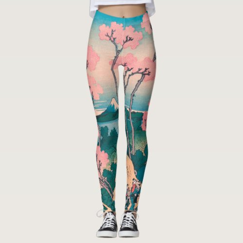 Spring Picnic under Cherry Tree Flowers Mount Fuji Leggings