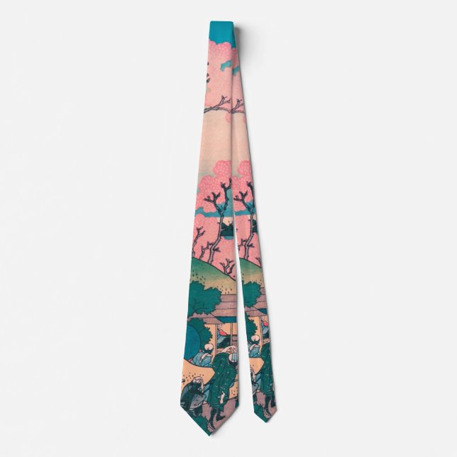 Spring Picnic under Cherry Tree Flowers Mount Fuji Neck Tie (Front)